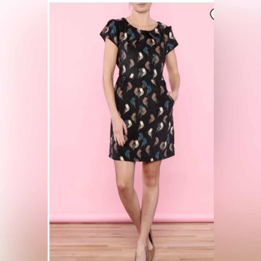 Bird Print Corduroy Mini Dress, Navy Multi, XL, With Pockets